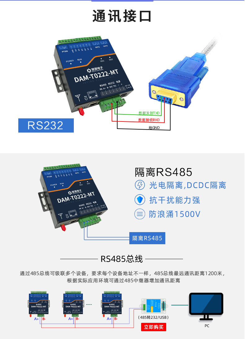 云平臺(tái) DAM-T0222-MT 工業(yè)級(jí)數(shù)采控制器通訊接口